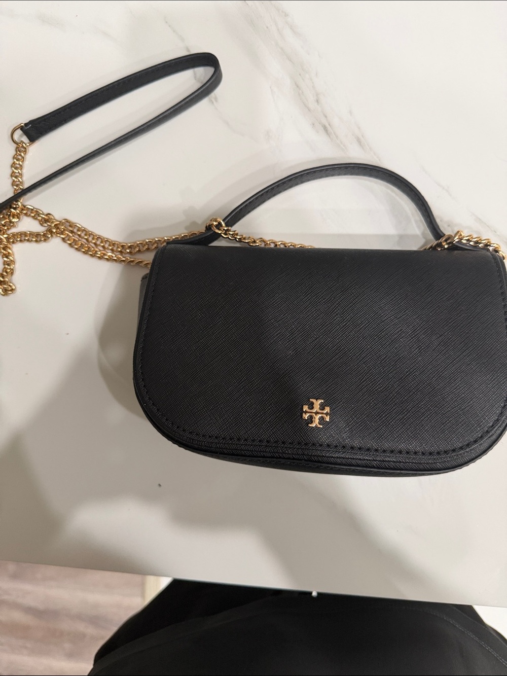 Tory Burch Black Leather Crossbody with Gold Chain Accent